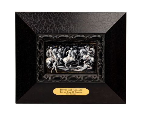 Limoges 'David and Goliath' Painted Enamel Plaque  Painted en grisaille on copper depicting the story of David slaying the gi