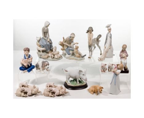 Lladro and Royal Doulton Figurine Assortment  (14) items, marked on undersides, (11) having pig subject matter; including (2)