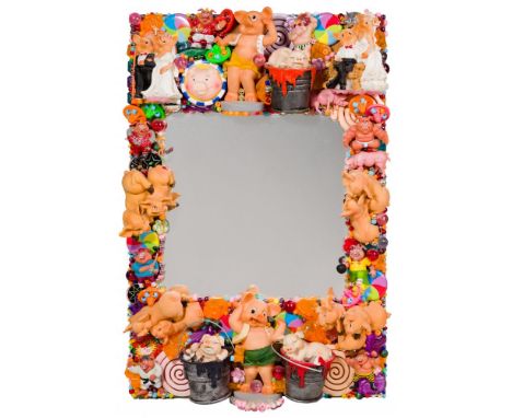 Pig Framed Mirror  Wood-mounted mirror having a border made from items including figurines, toys and beads  Property from: a 