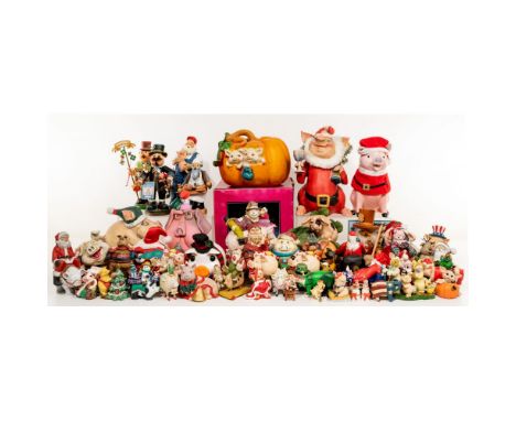 Holiday Pig Decor Assortment  Approximately (60) items including (25) Christmas-themed such as pig figurines in Santa clothes