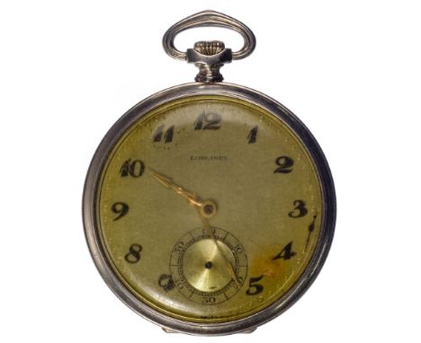 Longines 18k White Gold Open Face Pocket Watch  Serial #4129056, having a 17-jewel ruby movement, plastic crystal; marked '18