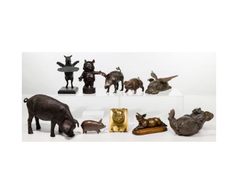 Pig Figurine Assortment  (10) metal items including (2) having wood plinths  Property from: a Chicago, Illinois (Gold Coast) 