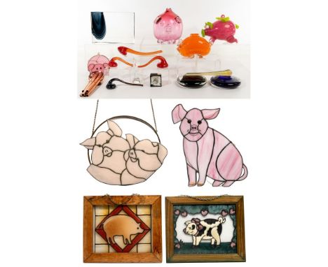 Glass Pig Assortment  (9) items including (3) stained glass wall hangings, a stained glass sun catcher and (5) hand blown gla