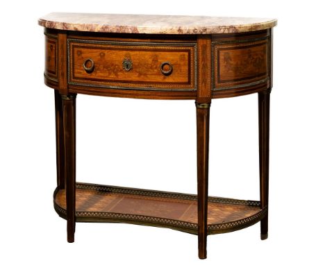 Marble Top Demilune Console Table  Having a marquetry front and lower shelf in a floral and diamond motif, center drawer havi