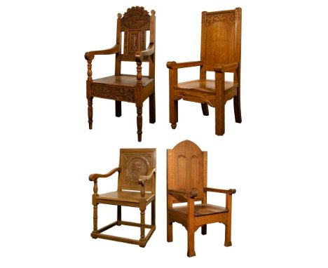 Oak Chair Assortment  (4) throne-style armchairs having carved / pressed designs  Property from: a Lockport, IL estate  Heigh