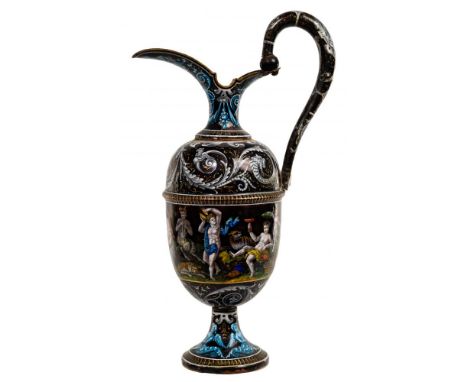 Limoges Renaissance-Style Painted Enamel Ewer  Baluster form, polychrome painted with Bacchanalian scenes  Provenance: Collec