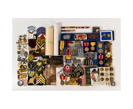 Military Medal, Patch and Ephemera Assortment  Including medals, ribbons, bars, dog tags, photographs, pins, buttons, patches