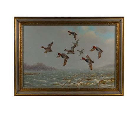 Owen J Gromme (American, 1896-1991) Oil on Canvas  1982, signed lower left, depicting ducks flying in the snow, in a wood fra