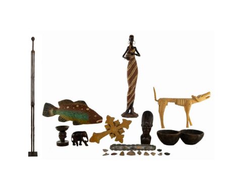 Ethnographic Decorative Object Assortment  (26) items including in carved wood a dog, elephant, a painted fish, double bowl, 