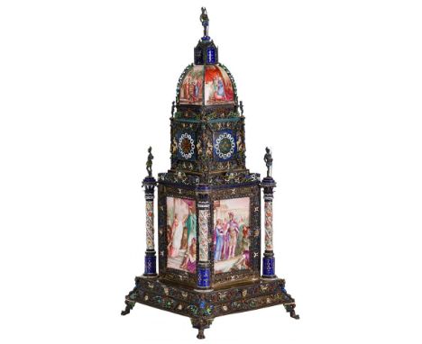 Viennese Silver and Enamel Hand Painted Tower Clock  Having an arched dome with figural finial, above circular clock dials an