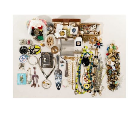 Gold, Sterling Silver and Costume Jewelry Assortment  Including a pair of white gold and pearl earrings marked '14k', a soror