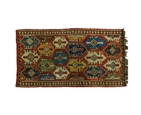 Caucasian Kuba Kilim Wool Rug  Hand loomed, flat weave rug from North East Azerbaijan having geometric 'Lamp' design in hues 