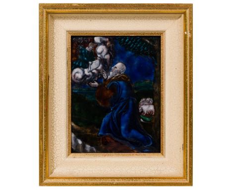 Limoges 'Angel Appearing to Joachim' Painted Enamel Plaque  Rectangular plaque depicting a kneeling Joachim; in a later frame