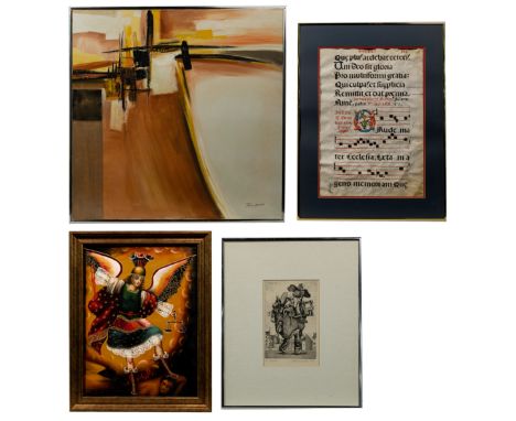 Artwork Assortment (5) items including Tom Hayward (American, 20th century) abstract oil on canvas; Medieval illuminated hymn