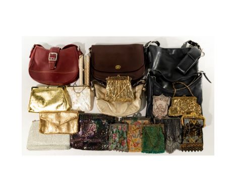 Coach and Evening Handbag Assortment  (19) items including (5) leather handbags by Coach, (2) black, a brown, a red and a gol