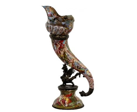 Viennese Silver and Enamel Horn Form Libation Cup  Polychrome enamel, decorated overall with mythological and allegorical sce