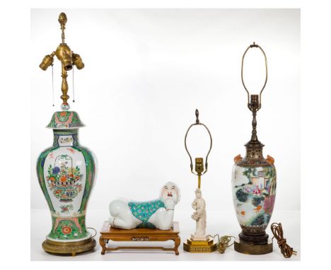 Asian Lamp and Pillow Assortment  (4) items including (2) ceramic vase lamps having floral, landscape and figural motifs incl