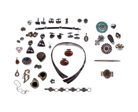 Sterling Silver Jewelry Assortment  (47) items including necklace, pill boxes, bracelets, pins, brooches, earrings, rings, cu