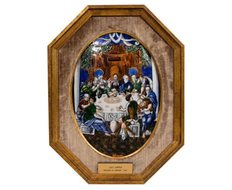 Limoges 'The Last Supper' Painted Enamel Plaque  Oval plaque, polychrome and gilt over copper, having an octagonal gilt wood 