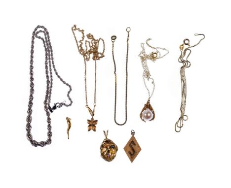 14k Yellow and White Gold Jewelry Assortment  (10) items including (4) necklaces, (5) pendants / charms and a bracelet; most 
