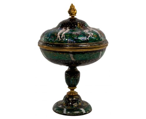 Limoges Painted Enamel Tazza and Cover  Polychrome painted having the story of 'The Garden of Eden' on lid, interior having a