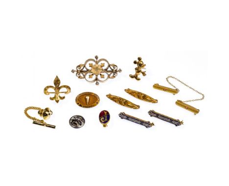 14k Gold Pin / Brooch Assortment  (9) items, some having diamonds; all marked '14k' or '585'; together with an enameled pin  