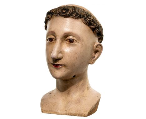 Italian Painted Wood Bust  20th century carved and painted head of a tonsured saint; having a label on underside indicating a