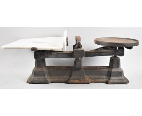 A Set of Vintage Avery Cast Iron Scales, Ceramic Plate (Cracked), 58cms Long 