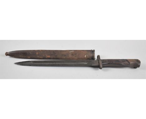 A WWI Wooden Handled Brass Mounted Bayonet with Metal Scabbard, 99cms Long 