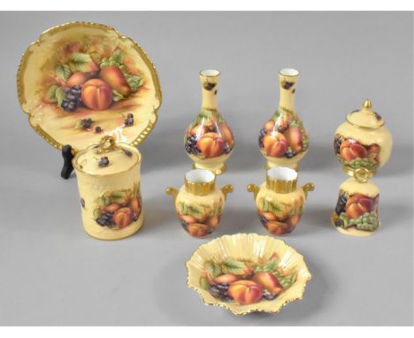 A Collection of Aynsley Orchard Gold to include Pair of Vases, Bowl, Trinket Dish, Lidded Vase, Preserve Pot with Lid, Pair o