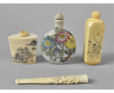 A Collection of Three Oriental Bone and Ceramic Snuff Bottles together with a Carved Cheroot Holder, 8.5cms Long 