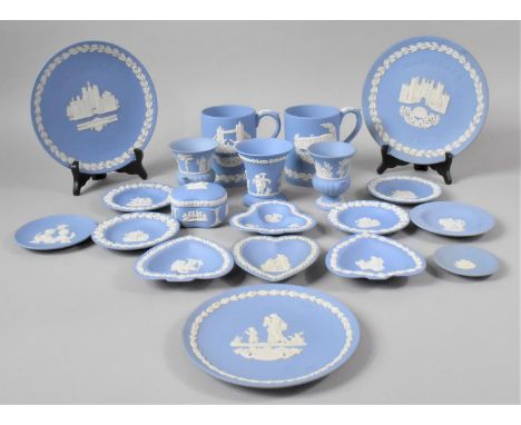 A Collection of 19 Pieces of Blue and White Wedgwood Jasperware to include Tankards, Dishes, Plates, Trinket Dishes, Vases Et