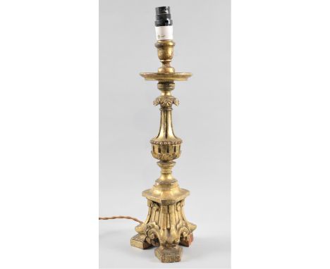 A 19th Century Gilt Wood Table Lamp in the Form of a Candlestick, 45cms High Overall 