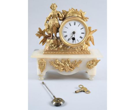 A Late 19/Early 20th Century Gilt Metal and Alabaster Figural Mantel Clock with Drum Movement, Key and Pendulum. 23.5cms Wide