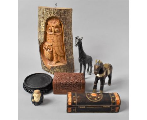 A Carved Wooden Rectangular Box, A Dome Topped Brass Studded Box, Chinese Vase Stand, Carved Owl Tree Trunk Section Etc 