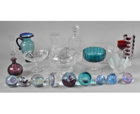 A Collection of Coloured and Plane Glassware to include Handkerchief Case, Paperweights, Fruit Bowls, Rose Bowl, Carafe Set, 