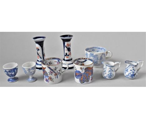 A Pair of Cobalt Blue and Red Candlesticks, 12cs Hight together with a Pair of Spode Coffee Cans, Blue and White Egg Cups and