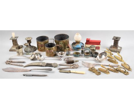 A Tray of Sundries to include Brass Coat Hooks, Silver Plated Candle Stick, Oil Lamp, Brass Tankards, Napkin Rings, Cutlery E