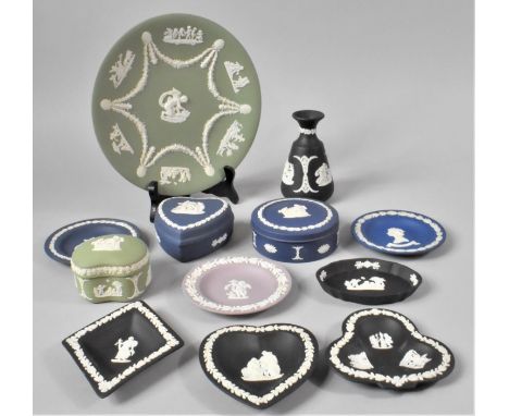 A Collection of Pieces of Green Blue, black and Lilac Wedgwood Jasperware to include Boxes, Trinket Dishes, Vase Etc 