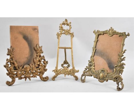 Two Gilt Metal Easel backed Photo Frames and a Small Gilt Metal Easel Stand, 25cms High 