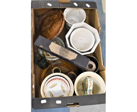 A Box of Sundries to Include Ceramic Planters, Glass Plates, Mantel Clock, Eye Glasses Etc 