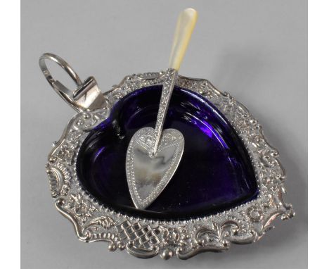 A Silver Heart Shaped Dish with Ring Carrying handle, Hallmarked for Birmingham together with a Mother of Pearl Handled Silve