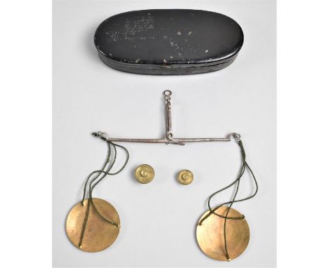 A Set of Vintage Small Georgian Pan Scales, in Oval Metal Container with Weights to Weigh Guineas, 12cms Wide