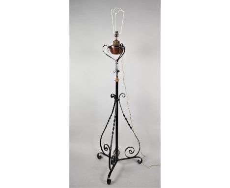 A Late Victorian/Edwardian Wrought Iron Based Copper Mounted Tripod Oil Lamp Stand, Converted to Electricity 