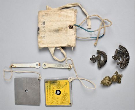 A Pair of Vintage Heliograph Signal Mirrors in a Canvas Bag together with a Cornish and Grenadier Military Badges 