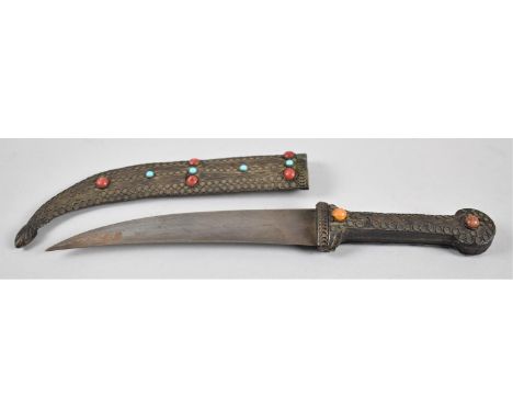 A Souvenir Curved Blade Arabic Dagger with Jewelled Handle and Scabbard, 28cms Long 