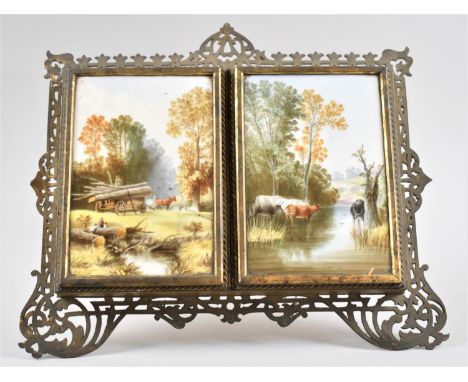 A Late 19th/Early 20th Century Continental Brass Pierced Easel Backed Picture Frame, Two Doors with Porcelain Panels Decorate