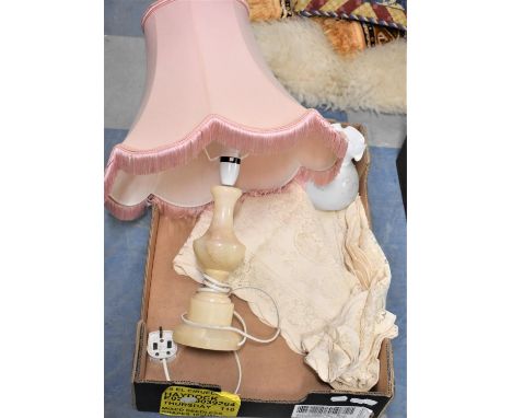 An Onyx Table Lamp, Table Cloth and a Glass Shade 