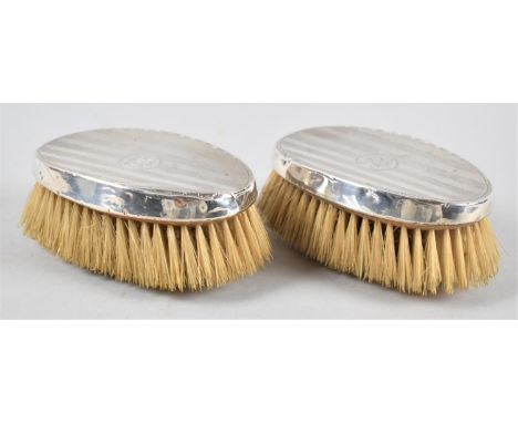 A Pair of Silver Mounted Gents Hair Brushes with Monogrammed and Engine Turned Decoration, Each 11.5cms Long 