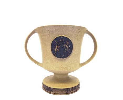 A Poole Pottery Limited Edition twin handled stoneware Loving Cup by Guy Sydenham, made to commemorate the Silver Jubilee in 